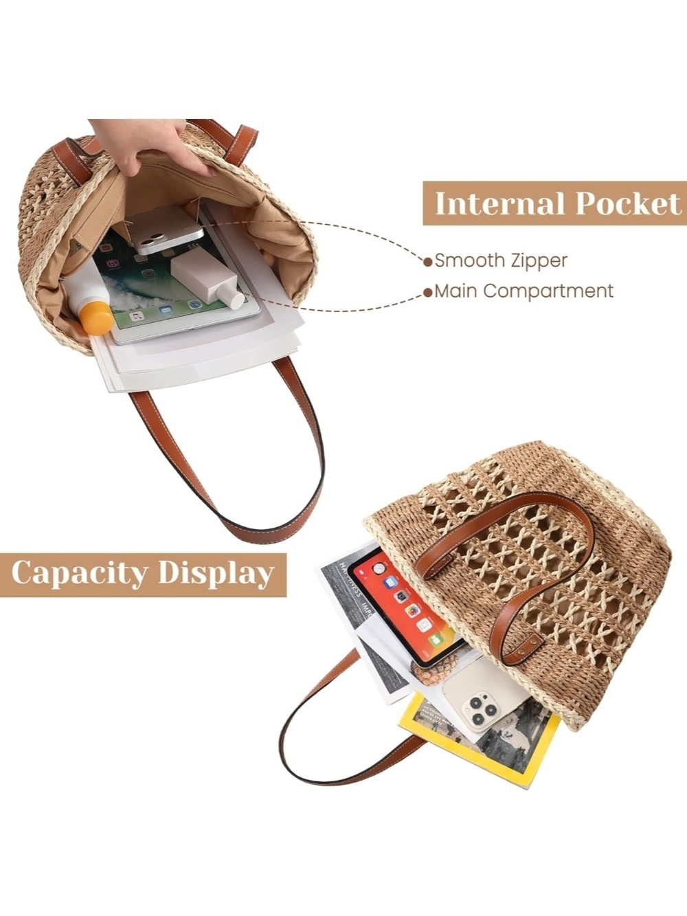 Woven Straw Tote Bag with Brown Leather Handles - Picture 6 of 7